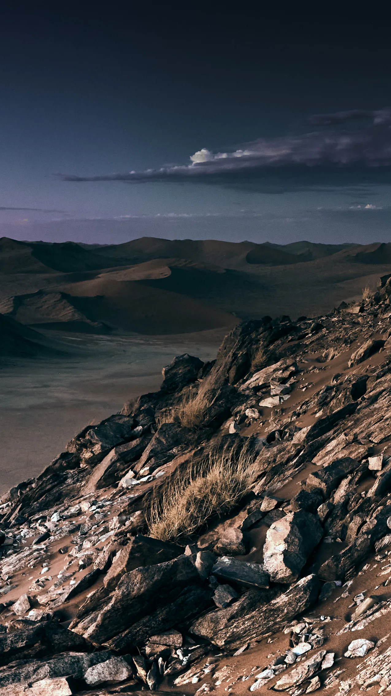 A stark, high-contrast study of the White Mountain in Namibia, showcasing the monumental scale and skeletal beauty of the ancient landscape.