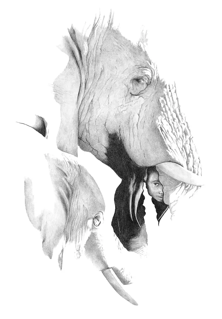 A somber graphite narrative of an elephant at a skeletal shrine, documenting the tactile reverence for their fallen kin.
