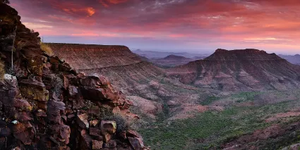 A dramatic vista overlooking the Klip River canyon; a master study of one of Namibia's most remote wilderness frontiers within the Grootberg community conservation area.