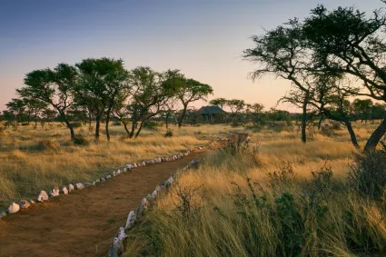 The wide-angle footprint of Camp Kalenga, documenting the camp's secluded position within a private reserve on the fringes of the Kalahari.