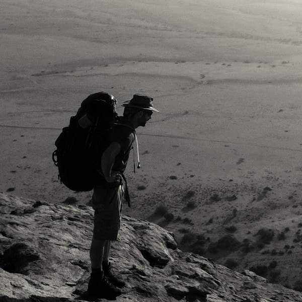 A hiker hiegh up on a ridge overlooking the desert plains below