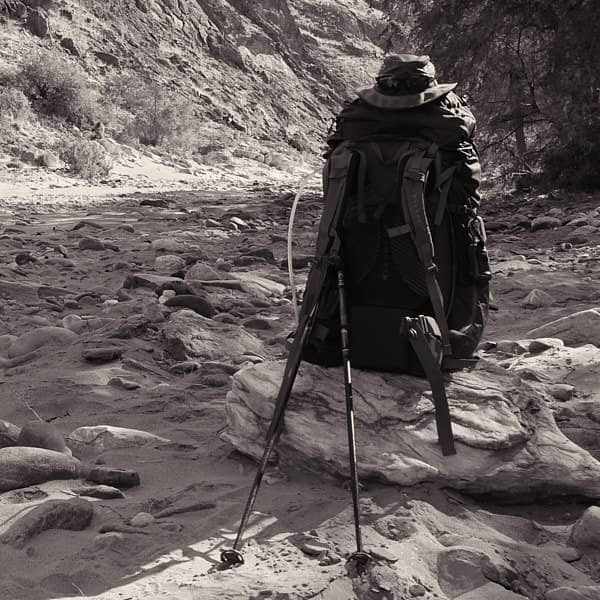 An overloaded backpack on a scouting experdition into remote areas of Namibia