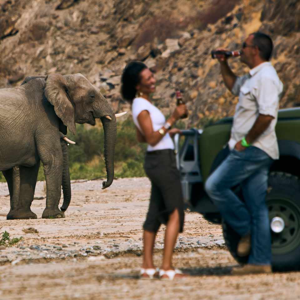 Couple observing elephants by the Horisib River at sunset, showcasing the tranquil beauty of Namibia's wildlife and landscapes.